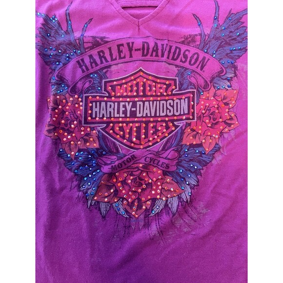 Harley Davidson Woman’s Large Purple Rhinestones And Roses Biker T Shirt - Picture 2 of 6